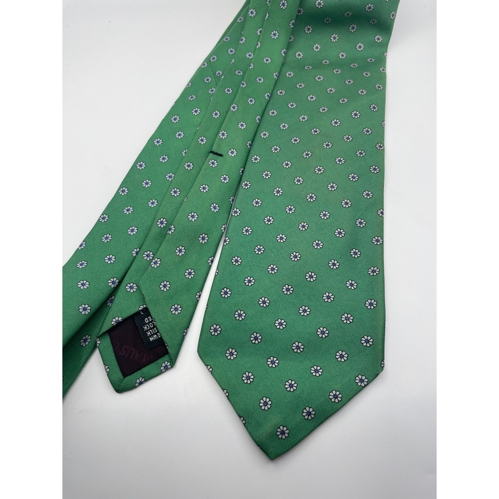 Maus & Hoffman Green Silk Floral Daisy Tie Hand Block Printed Made in England